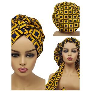 Yellow and Navy Geometric Satin-Lined Hair Bonnet & Turban Set